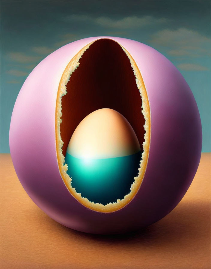 Surreal cracked pink egg with blue and orange smaller egg on dusk-colored sky