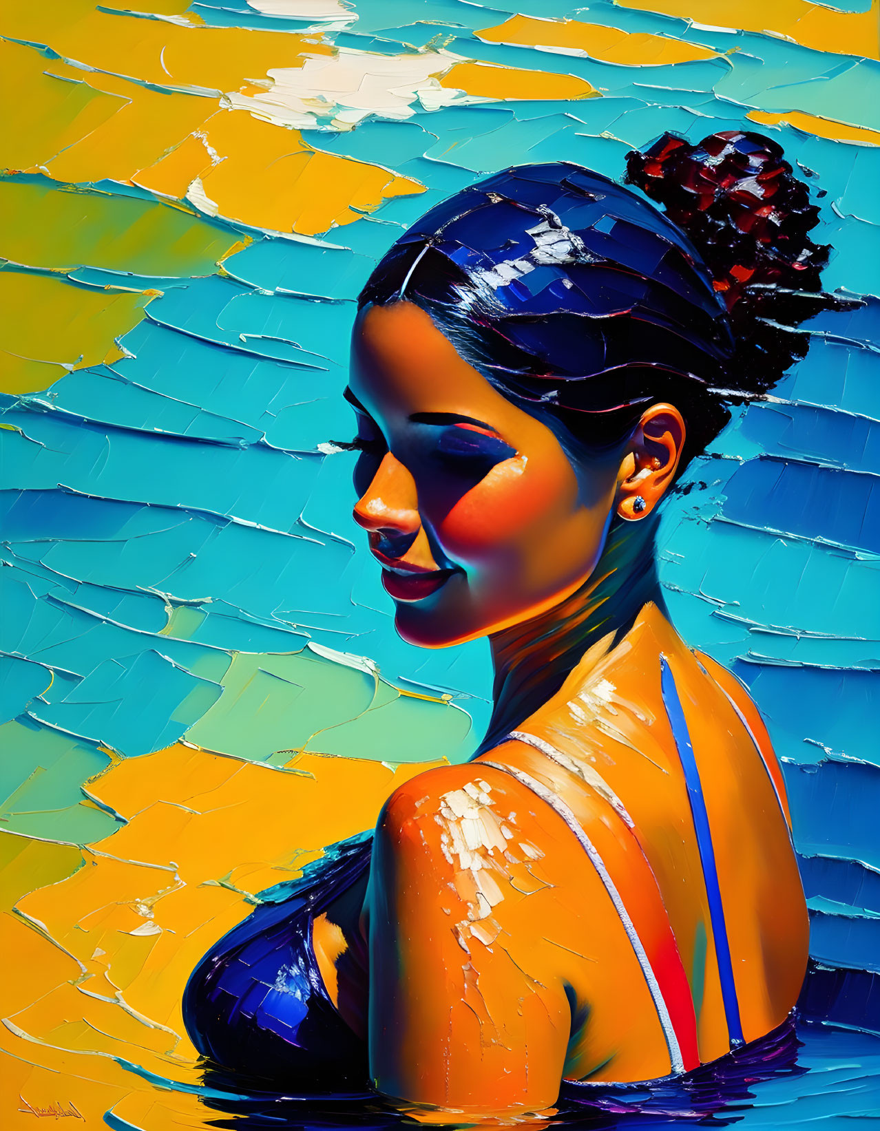 Colorful profile portrait of a woman against abstract blue and yellow backdrop