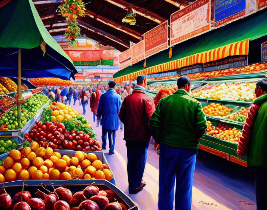 Vibrant indoor market scene with colorful stalls and shoppers.