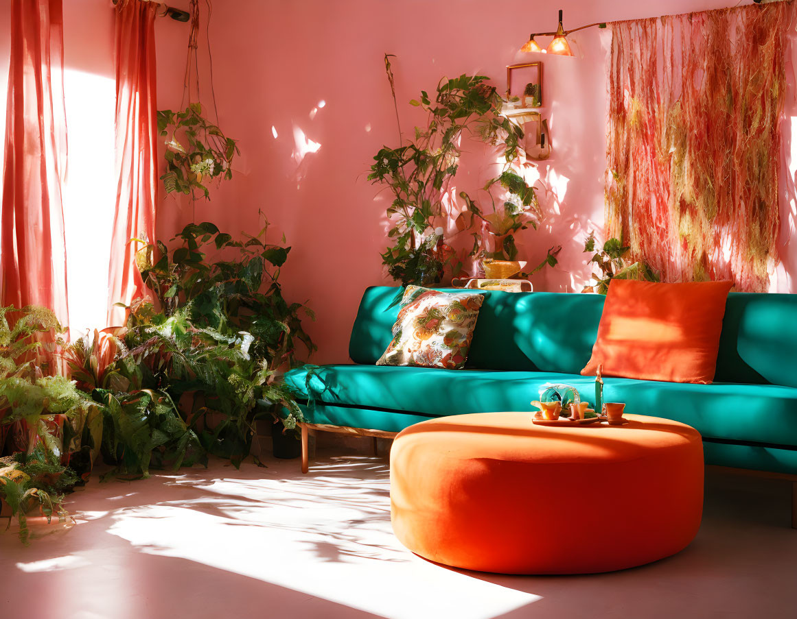 Sunlit living room with teal sofa, orange ottoman, and pink walls for a cozy ambiance