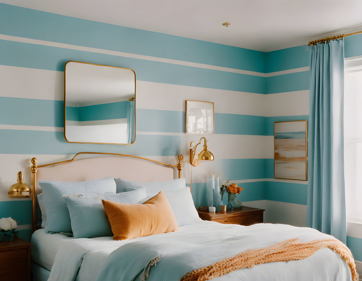 Blue and White Striped Bedroom Decor with Coastal Theme