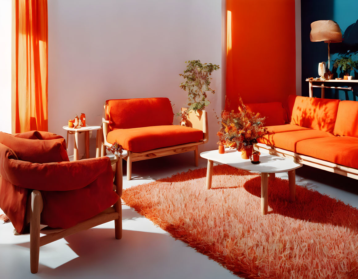 Vibrant living room with orange and red tones and cozy furniture pieces