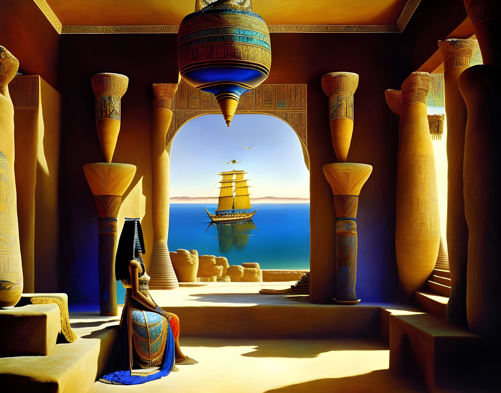 Vibrant Egyptian-themed room with hieroglyphic decorations and sea view