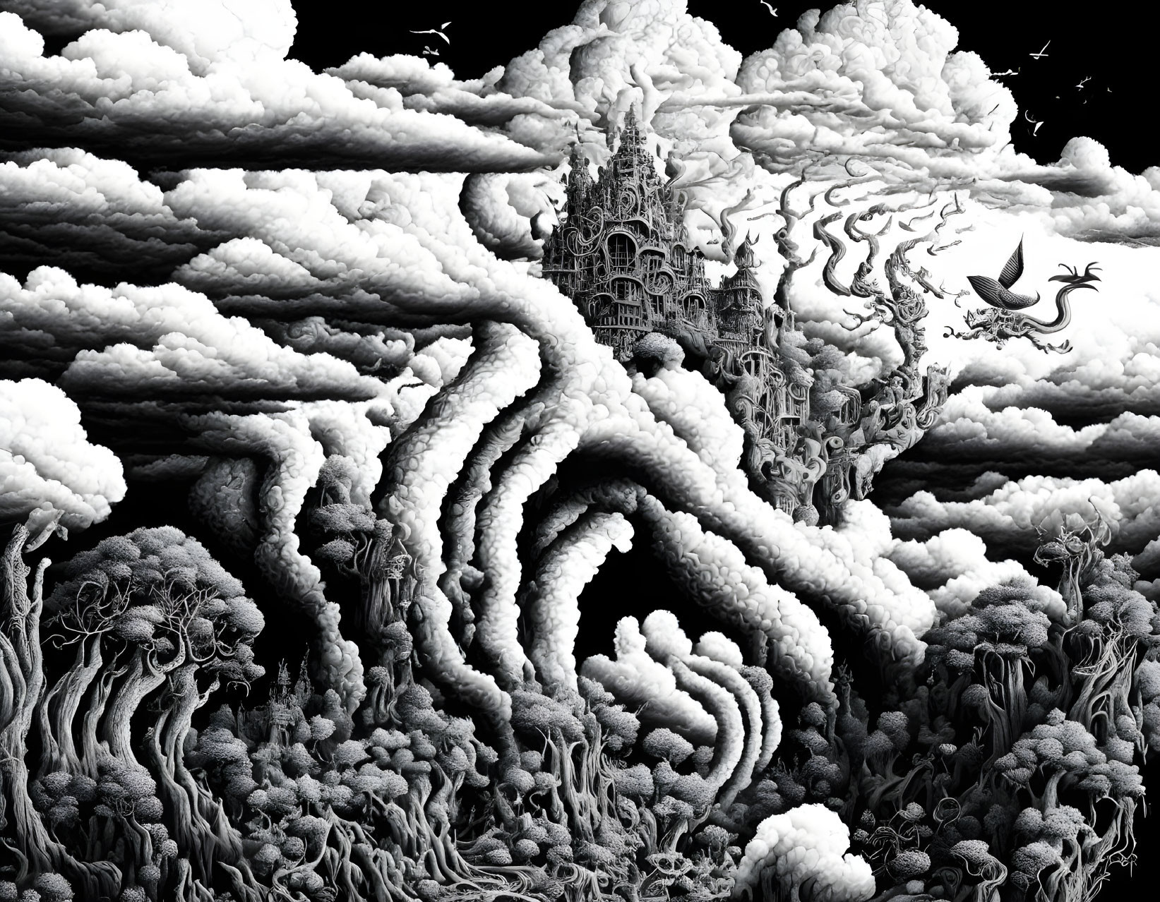 Monochrome fantasy landscape with swirling clouds and intricate castle.