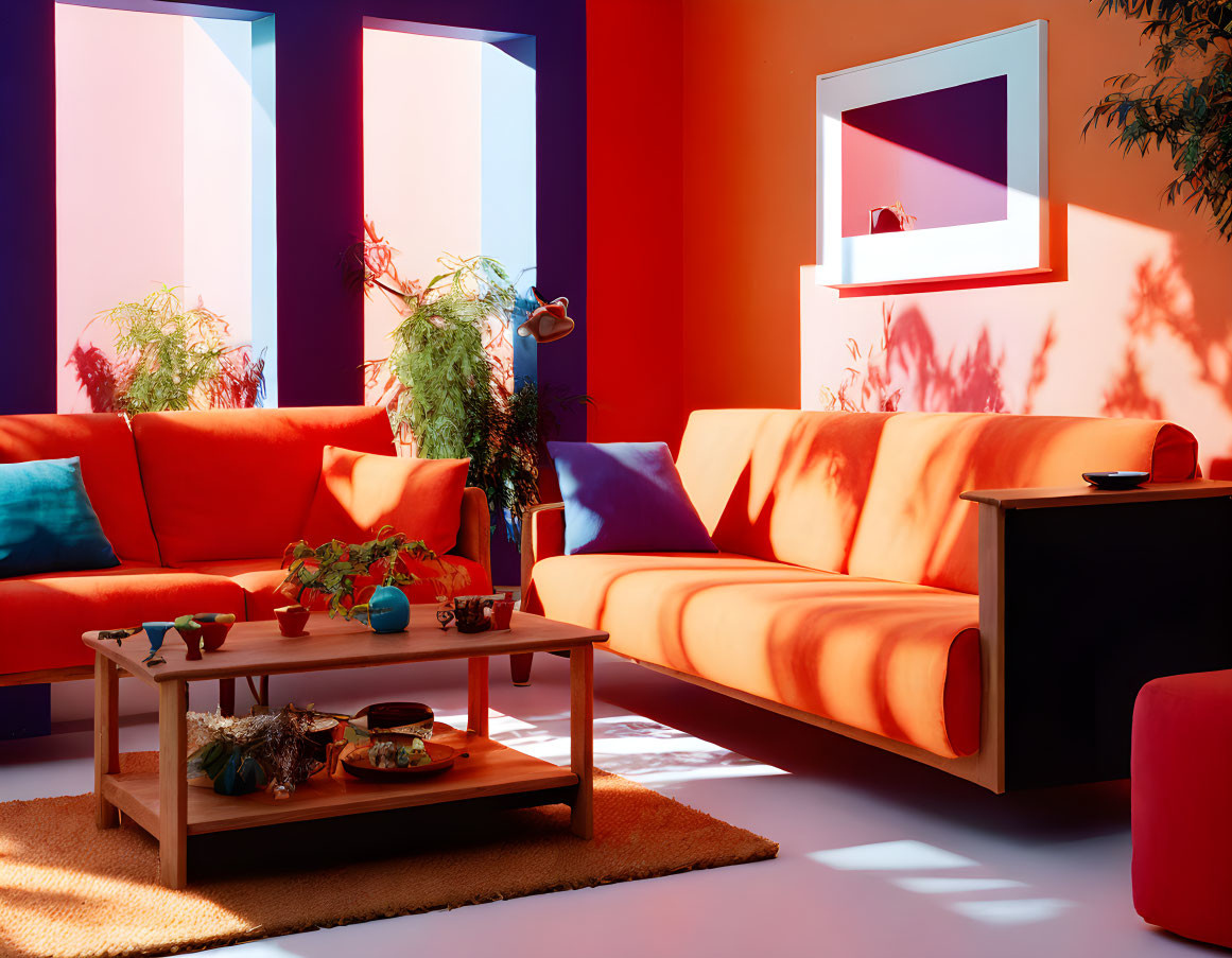 Bright Living Room with Orange Couches, Abstract Art, and Green Plants