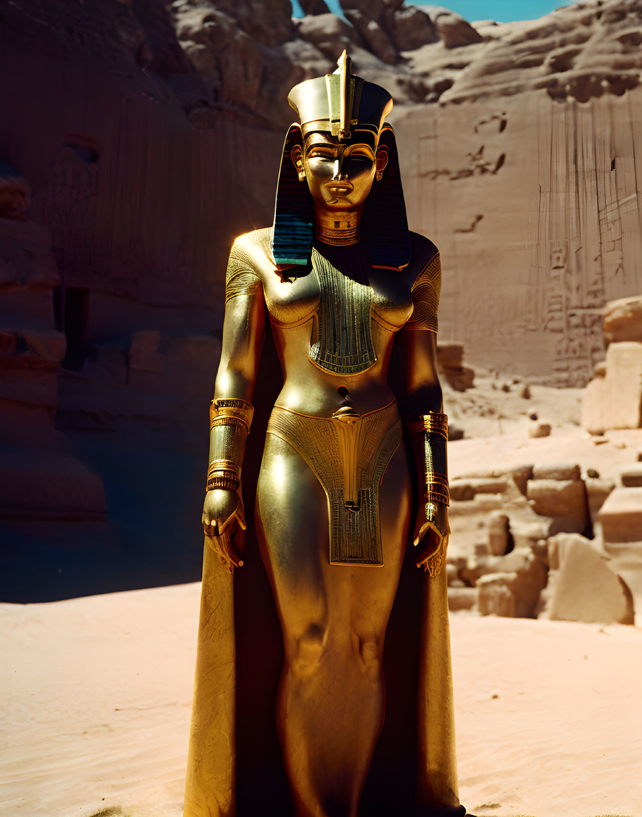 Gilded Egyptian Pharaoh Statue Amid Temple Ruins