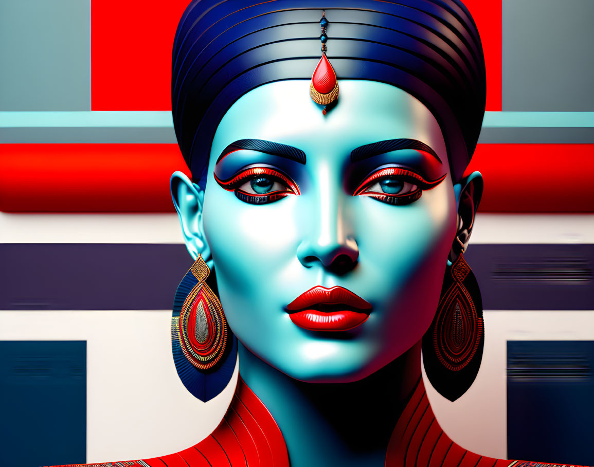 Colorful digital artwork of woman in Egyptian headdress with bold red and blue tones on striped backdrop