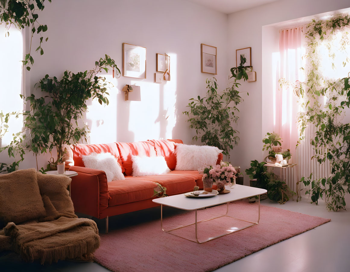 Inviting living room with red sofa, fluffy cushions, hanging plants, and warm sunlight.