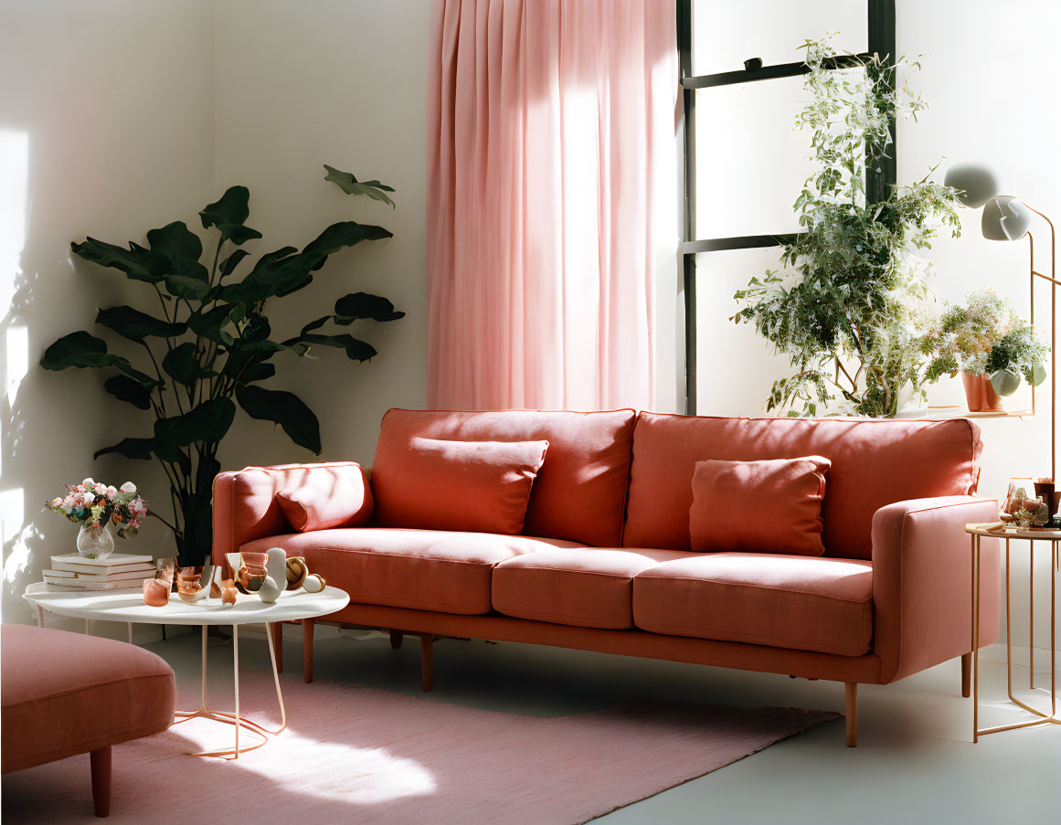 Pink Couch Living Room with Ladder Shelf & Green Plant