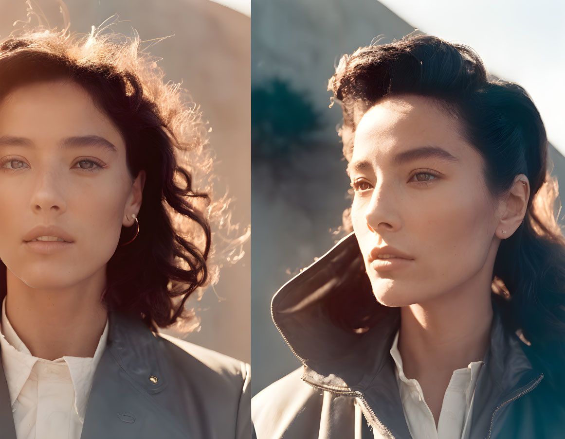 Diptych of woman with wavy hair in trench coat, looking at camera and gazing aside