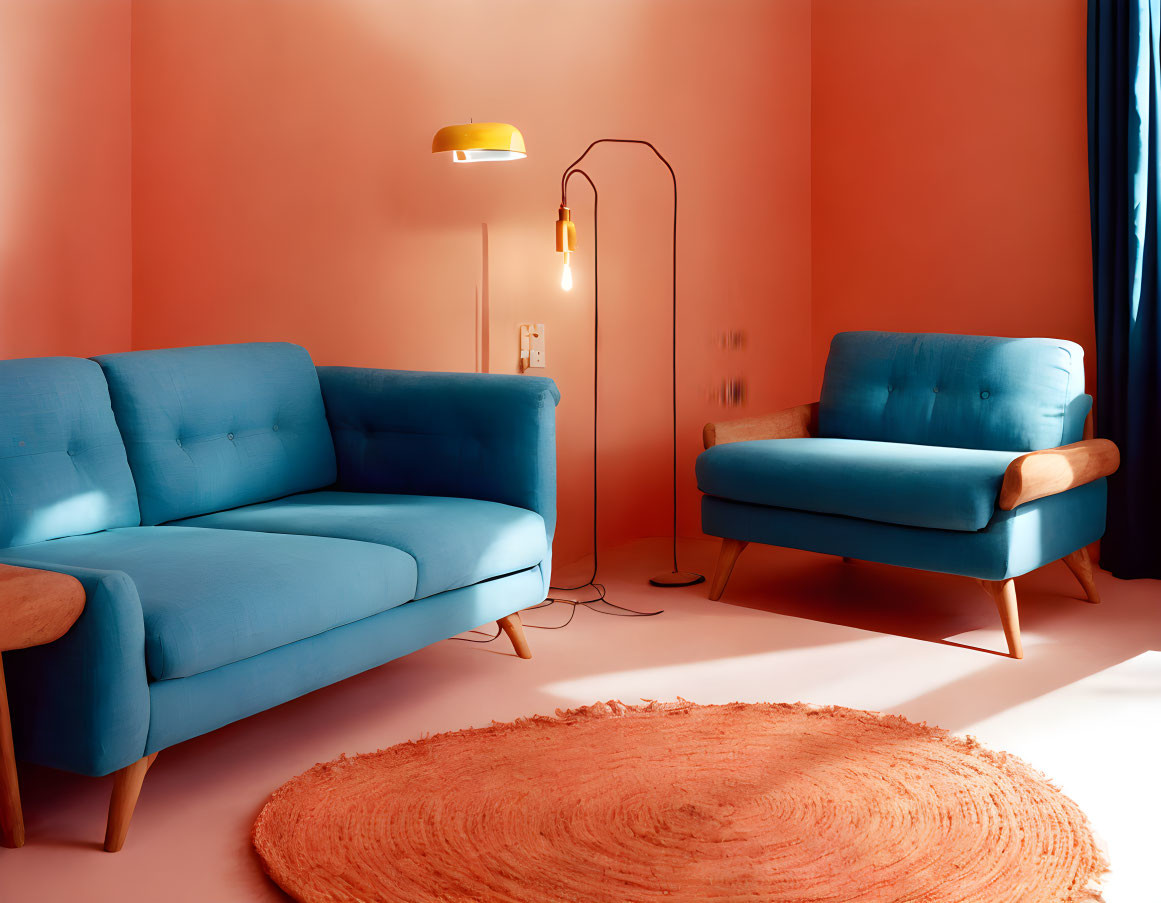 Salmon Pink Walls, Blue Furniture, Coral Rug, and Yellow Lamp in Stylish Room