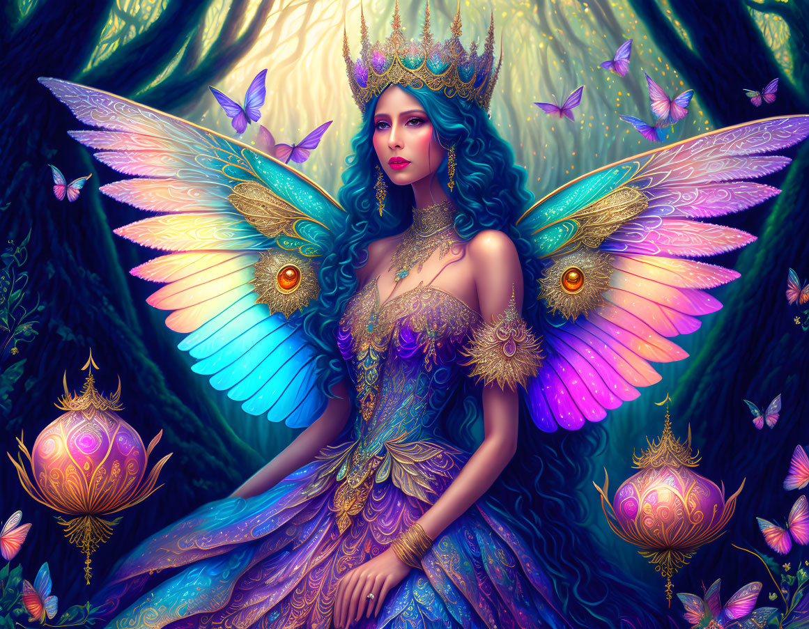 Enchanted forest scene: fairy queen with iridescent wings and butterflies.