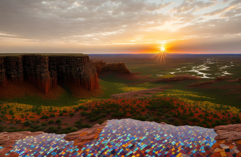 Scenic sunset over mosaic-tiled cliff, river, and green plain