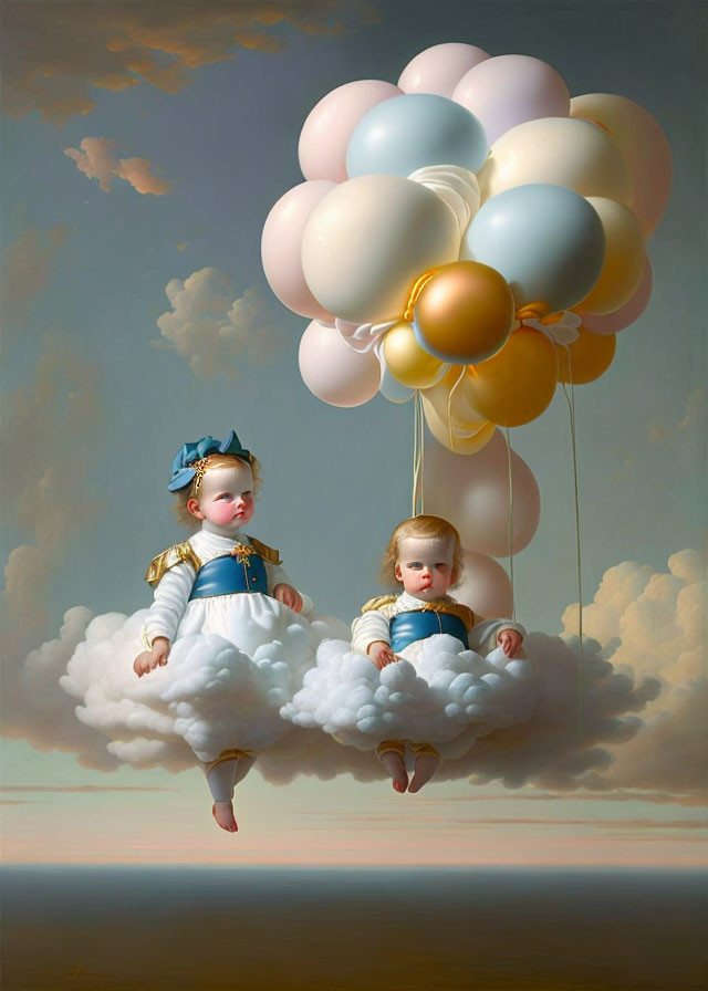 Ornately dressed dolls on clouds with pastel balloons in painted sky