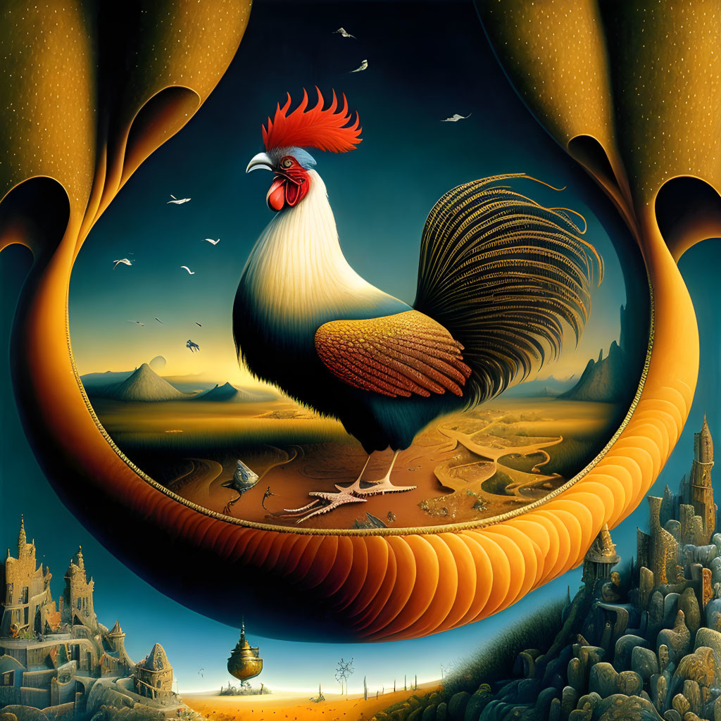 Detailed Rooster Illustration with Surreal Landscapes Inside