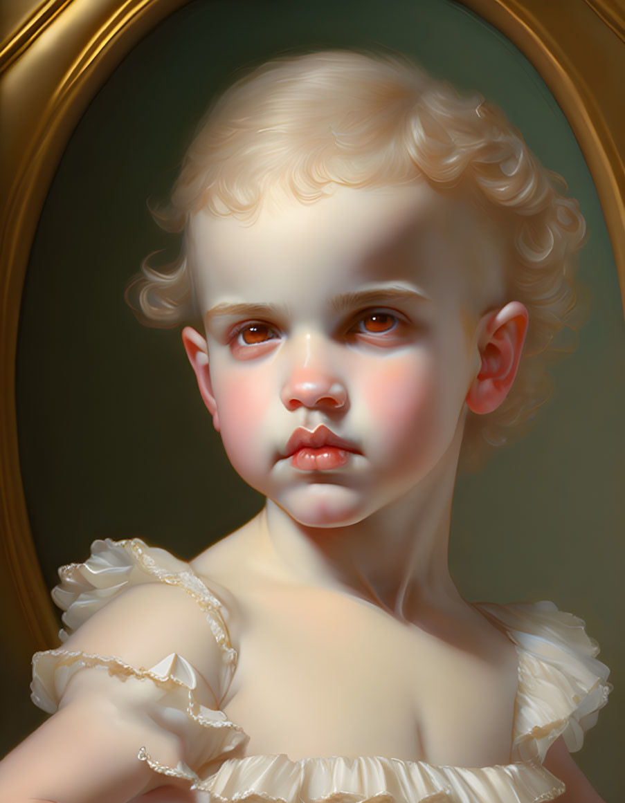 Young Child Portrait: Curly Blond Hair, Chubby Cheeks, Red Lips, Gold Frame