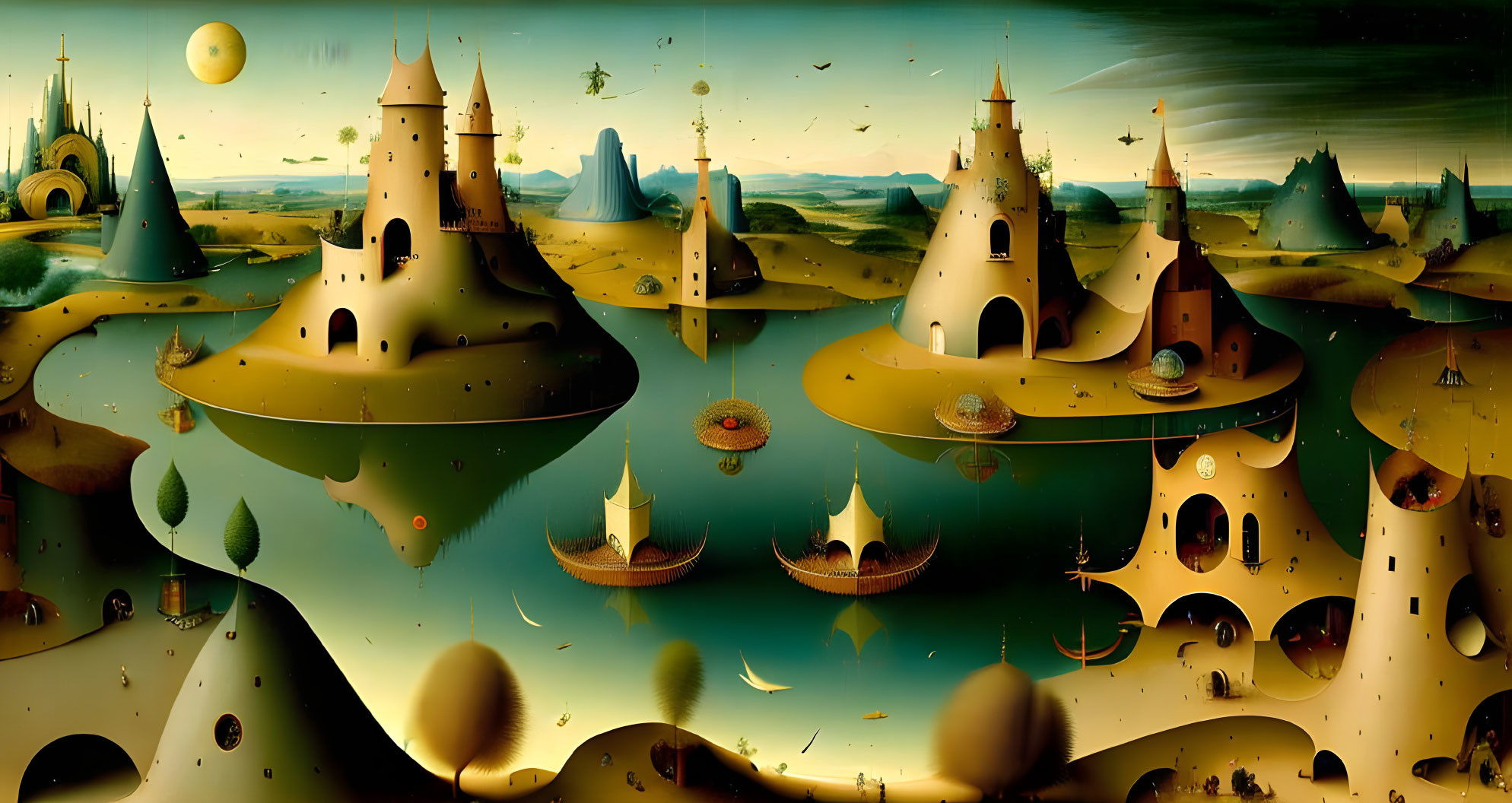 Surreal landscape with floating castles and whimsical details