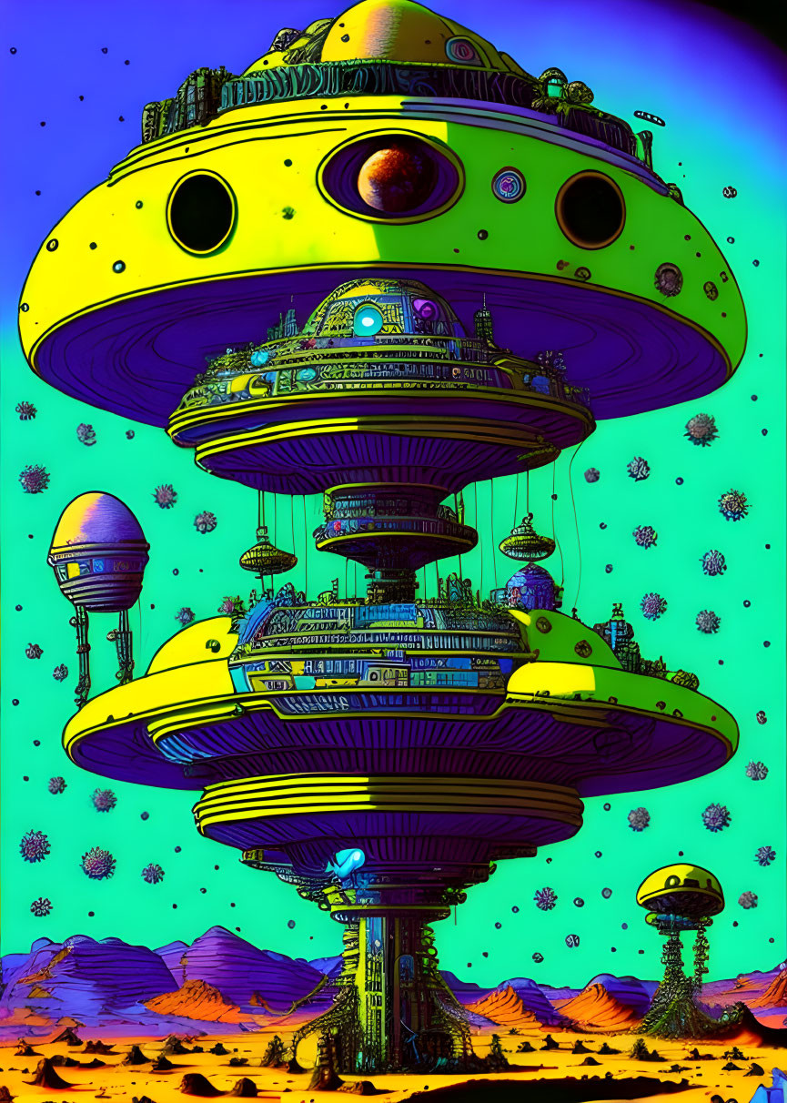 Futuristic cityscape with mushroom-like towers and hovering spaceship