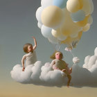 Ornately dressed dolls on clouds with pastel balloons in painted sky