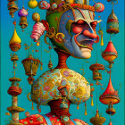 Colorful surreal illustration of clown-like figure with exaggerated features and ornate lantern background