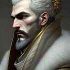 Regal man portrait with white curly hair and golden cloak