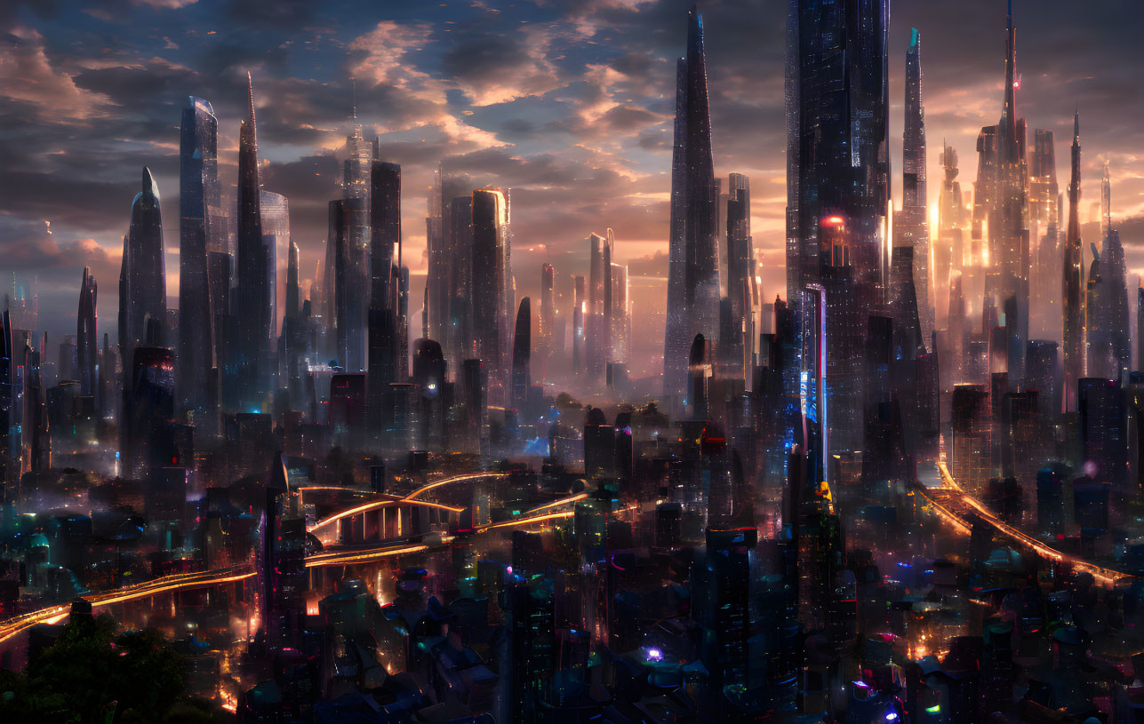 Futuristic cityscape at dusk with skyscrapers and vibrant sky