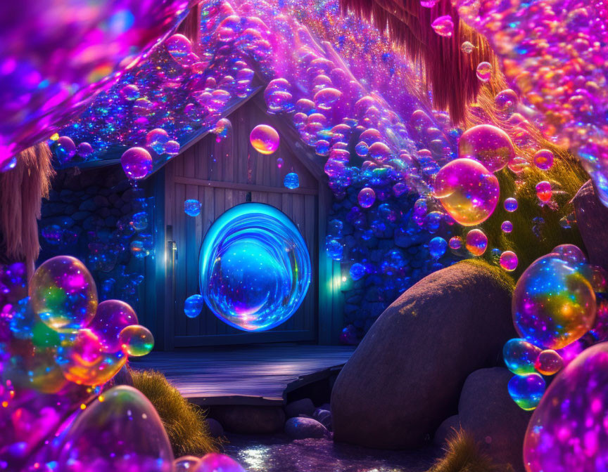 Colorful Glowing Bubbles Surround Wooden Door in Enchanted Scene