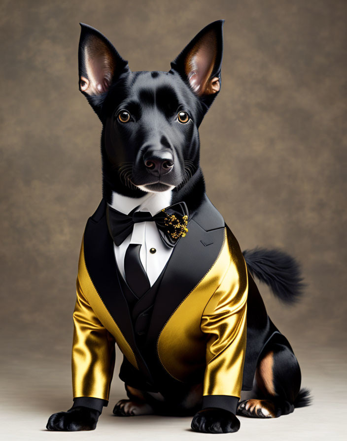 Black dog in black and gold tuxedo with bow tie and pin on beige background