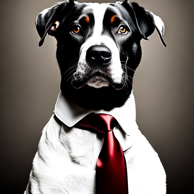 Black and White Dog in White Shirt and Red Tie on Grey Background