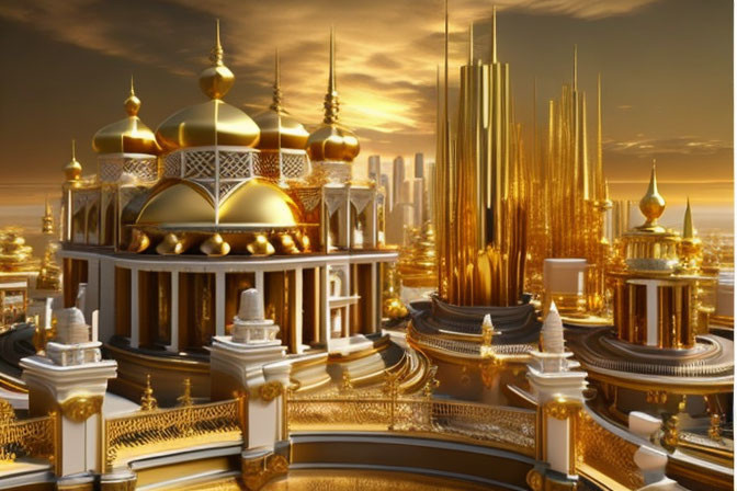 Golden cityscape with ornate domes and spires at sunset