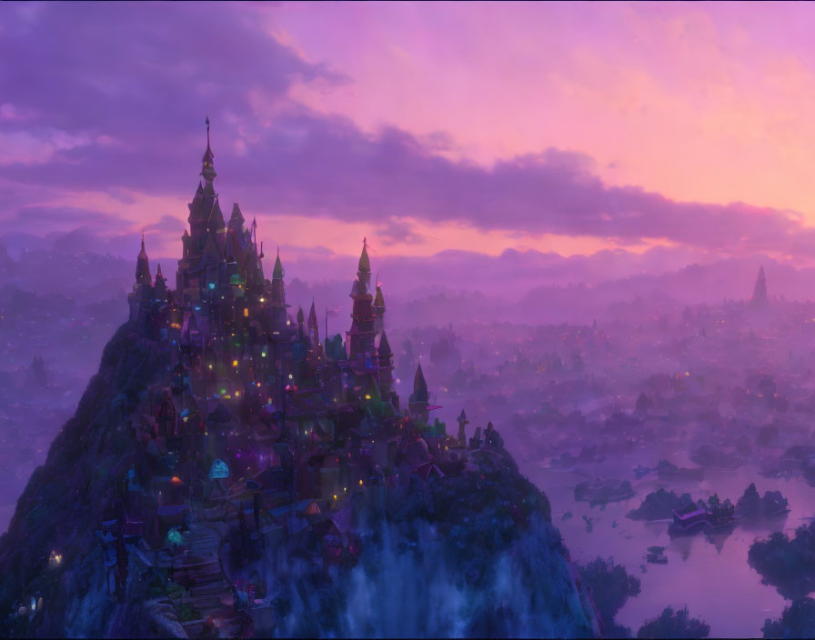 Majestic fantasy castle on mountain at sunset with purple skies and misty landscape