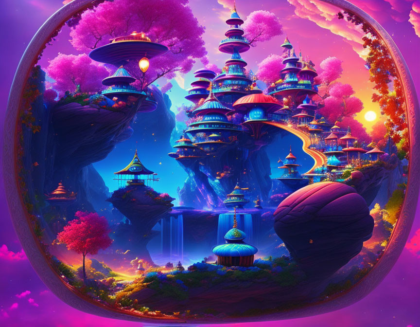 Fantasy landscape with floating islands, waterfalls, pagodas, and colorful flora