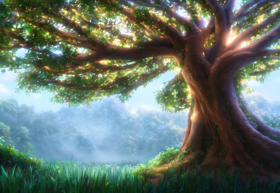 Sunbeams illuminate majestic tree in verdant forest