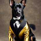 Sophisticated black cat in gold and black tuxedo with bow tie and pendant