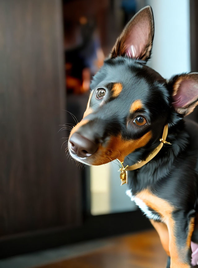 Black and Tan Dog with Large Ears and Collar Tag, Head Tilted