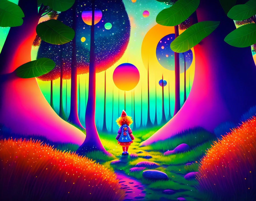 Colorful Illustration: Little Girl in Magical Forest at Night