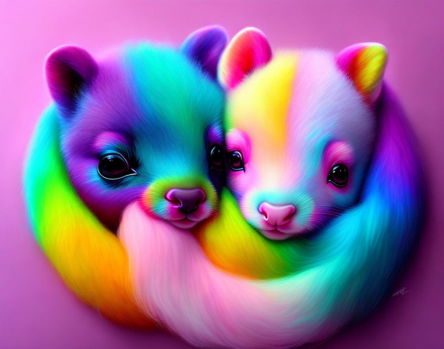 Neon-colored stylized bears with rainbow fur on pink-purple background