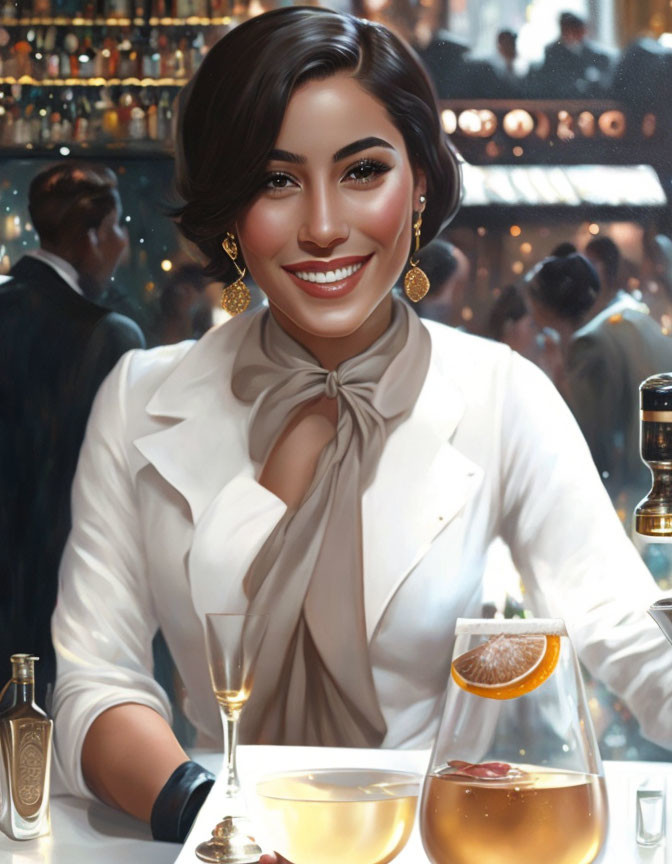 Smiling woman in white blouse with cocktail at bar