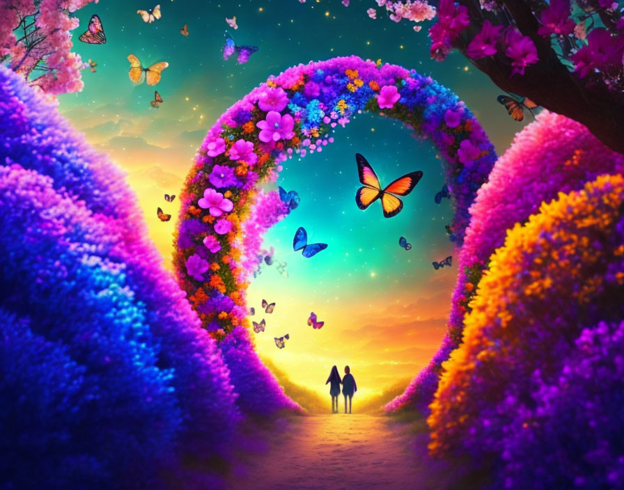 Couple under flower-covered arch with butterflies at sunset