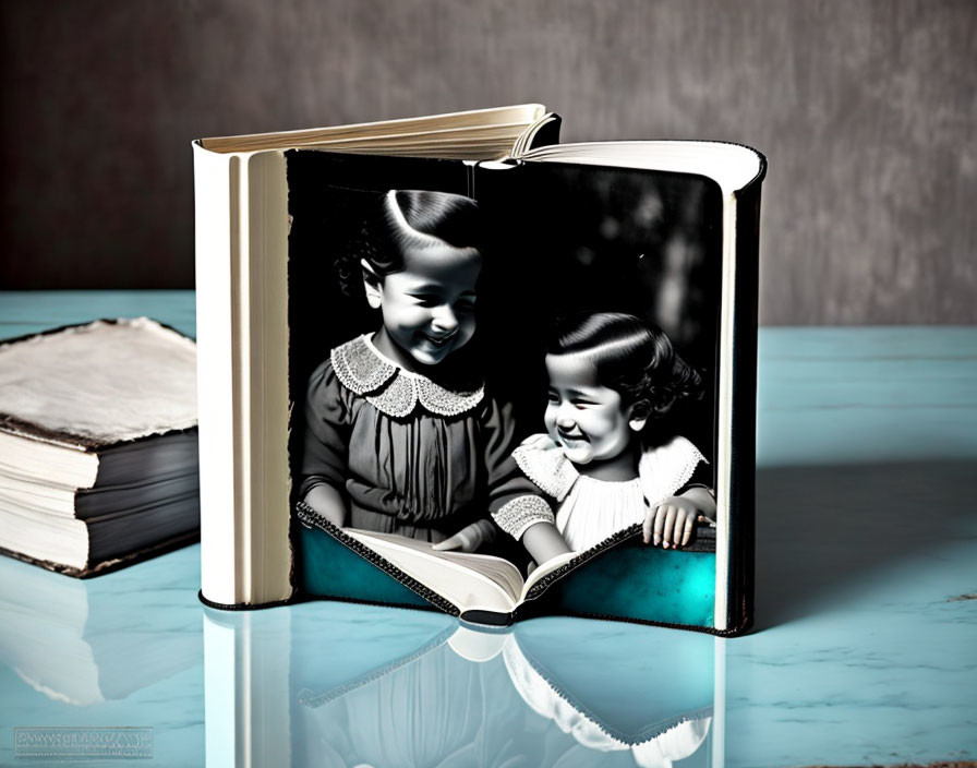 Artistic 3D black and white children in open book illustration