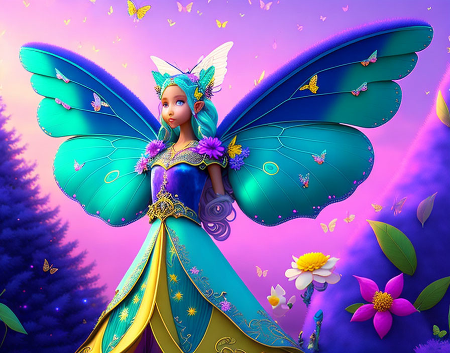 Vibrant fairy with butterfly wings in enchanted forest