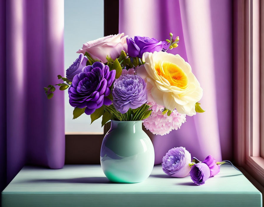 Colorful Purple and Yellow Flower Bouquet in Green Vase on Teal Table