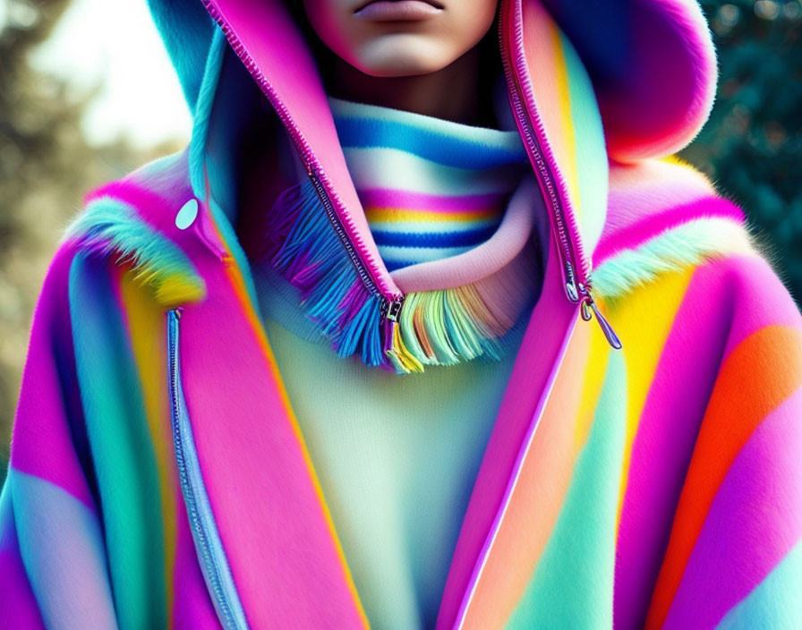 Multicolored Striped Jacket with Zipper and Tassel