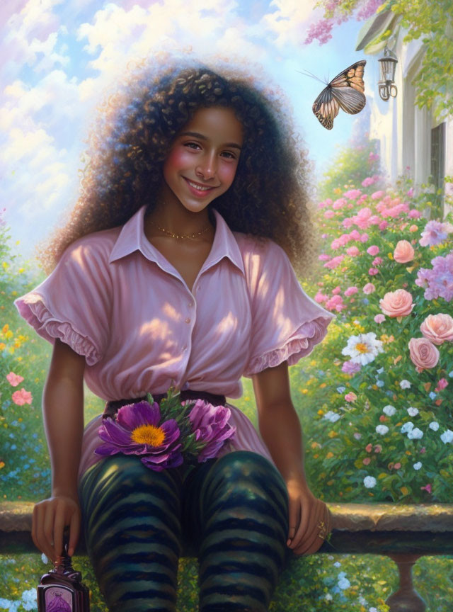 Curly-Haired Woman Smiling in Garden with Flowers and Butterfly