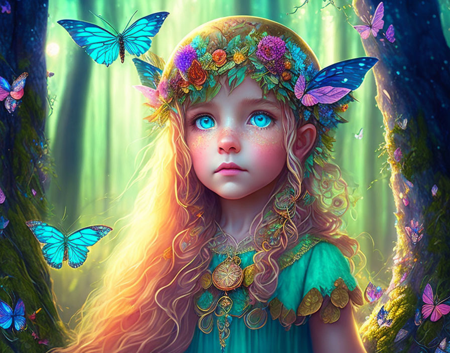 Colorful illustration: Young girl with blue eyes, butterflies, flower crown in magical forest