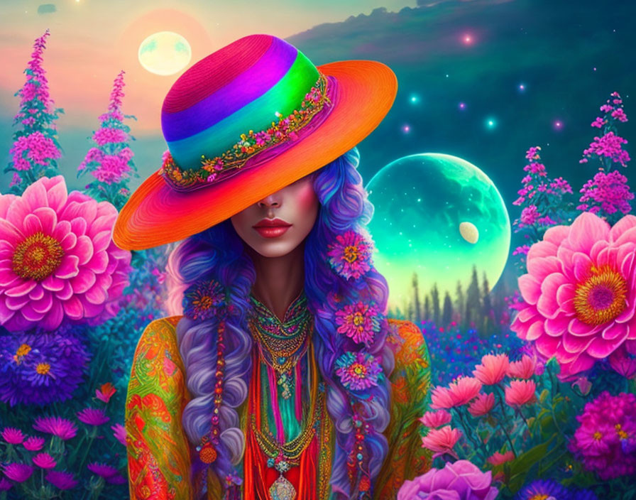 Colorful illustration: Woman with blue hair and hat, surrounded by vibrant flowers under a whimsical sky