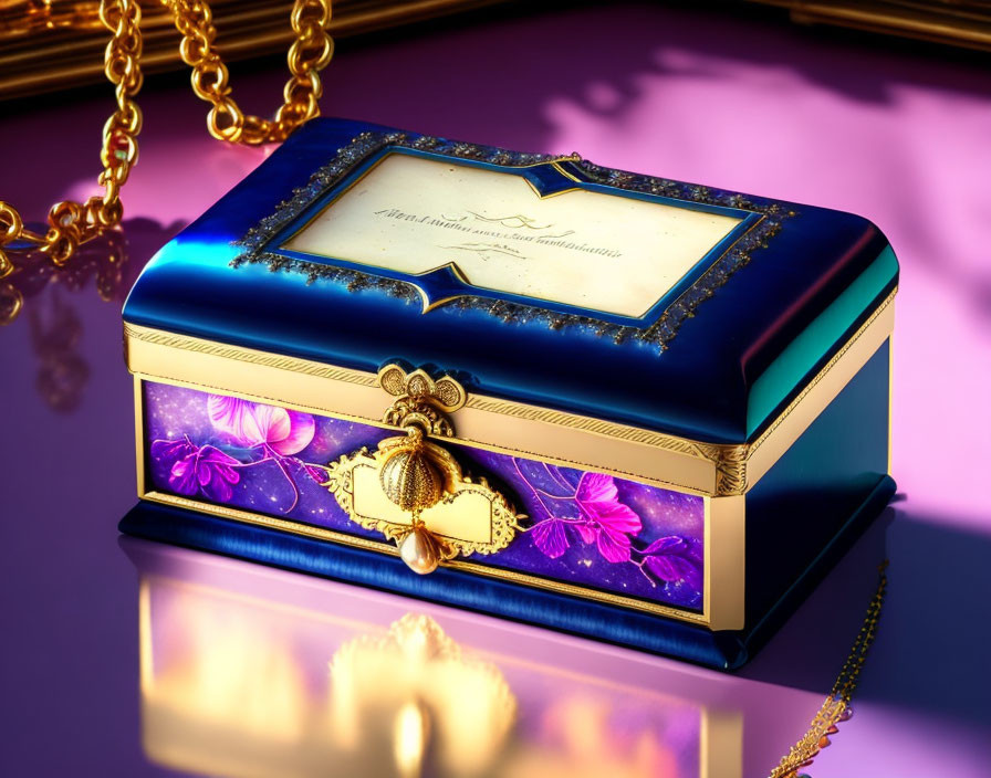 Blue and Gold Floral Pattern Jewelry Box with Golden Tassel and Chain