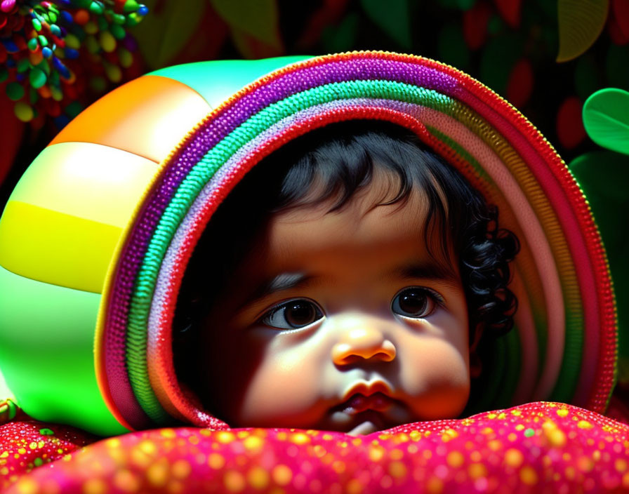 Curly-Haired Baby in Colorful Cloth Tunnel with Vibrant Patterns