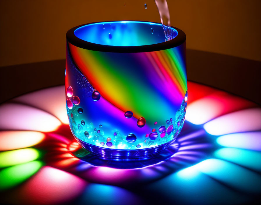 Colorful Light Reflections on Glass with Pouring Water Creating Bubbles