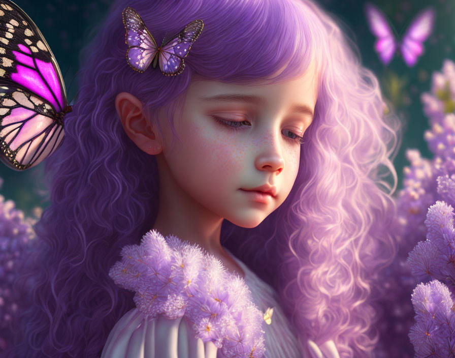 Digital Artwork: Young Girl with Purple Hair, Butterflies, and Lavender Flowers